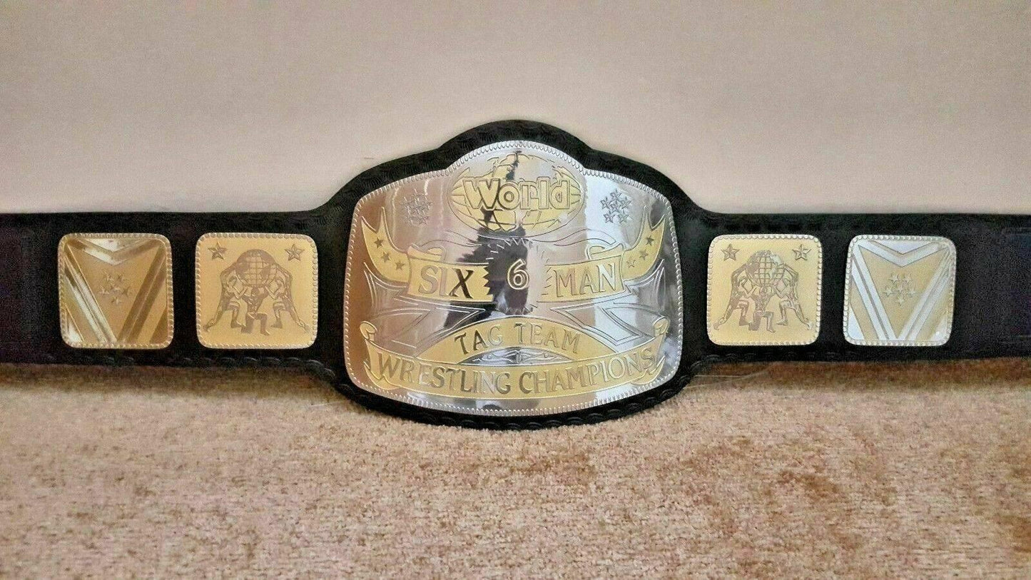 WORLD SIX MAN TAG TEAM Brass Championship Belt