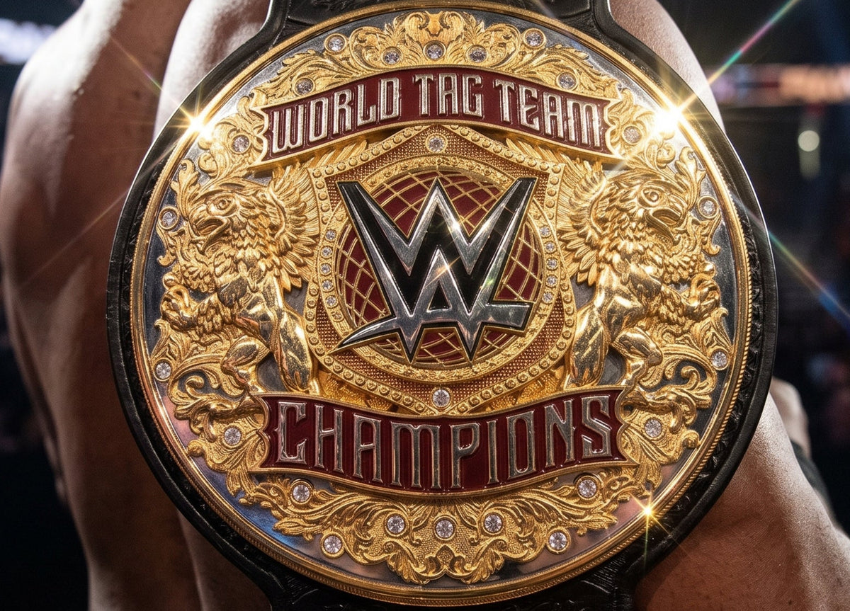 A close-up of a WWE World Tag Team Champions belt worn around the neck of a muscular man in an arena setting. The belt is highly ornate, featuring a large round gold plate with red lettering and intricate detailing, with black and gold strap sections below.