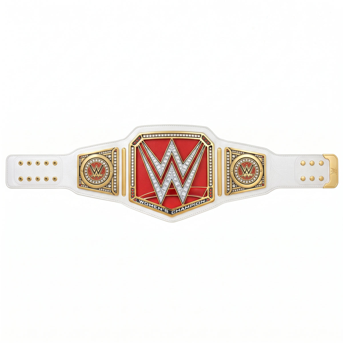 WWE World Heavyweight Championship belt featuring a white leather strap with gold-plated metal plates and a red center plaque with a silver WWE logo.