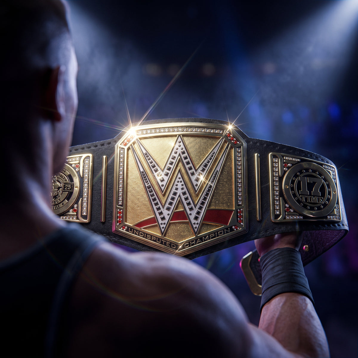 A close-up of a WWE Championship belt held up by a person in a dark arena setting with dramatic spotlighting and smoke. The belt features a large gold-toned central plate with the WWE logo, flanked by black leather straps and gold side plates.