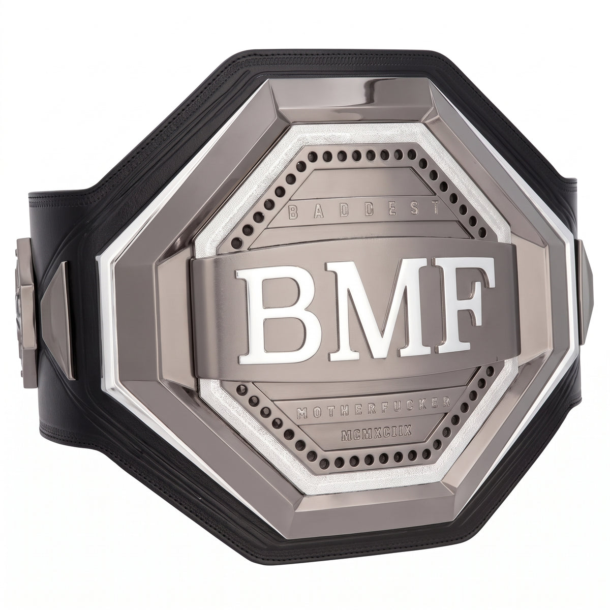 An octagonal BMF belt with a metallic silver and gray plate featuring the bold white letters 'BMF' in the center, surrounded by smaller engraved text, and a black strap on a white background.