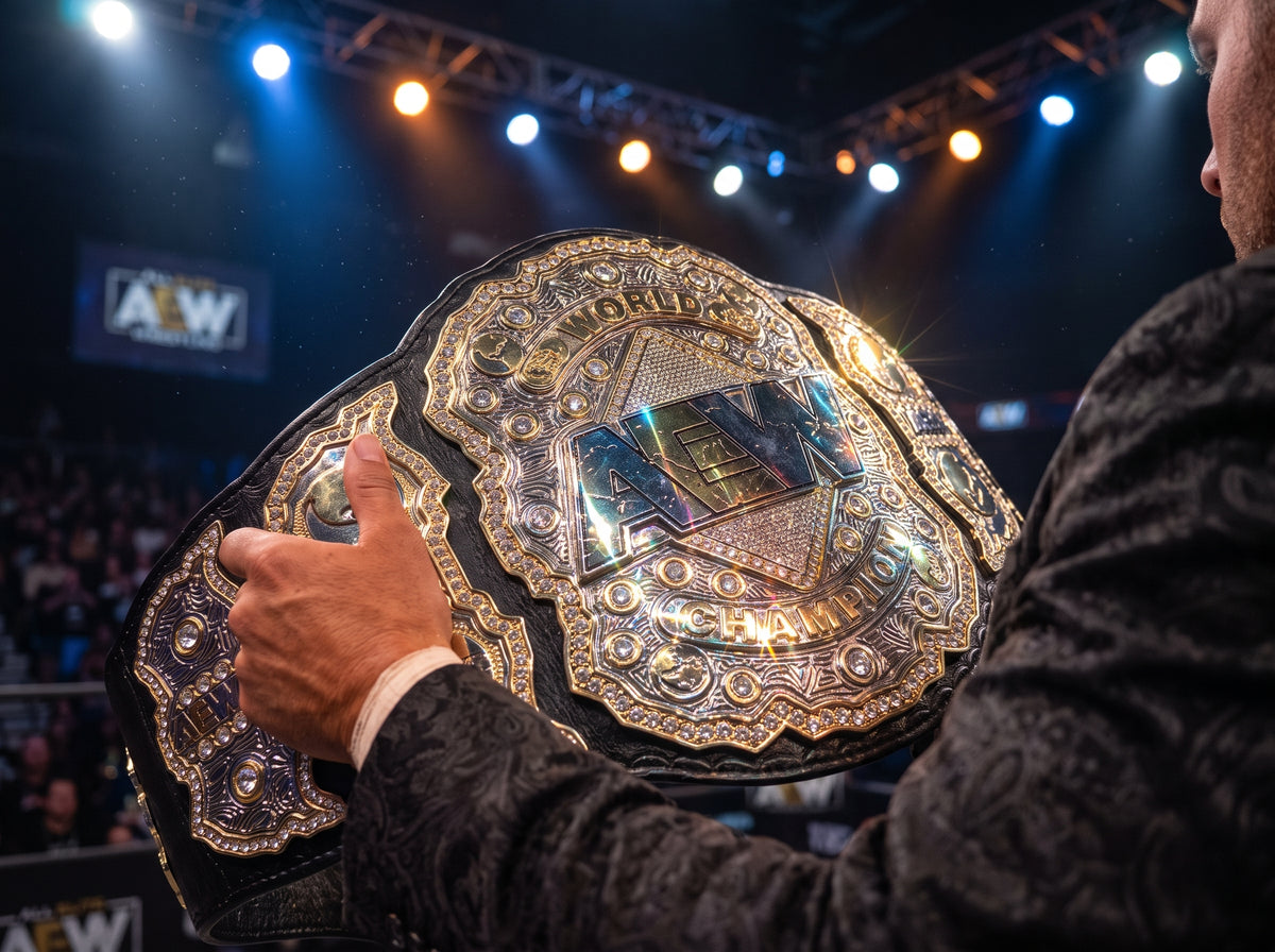 A person in a dark patterned jacket holds up a large AEW World Champion Championship belt in an arena setting with stage lights and a crowd in the background.