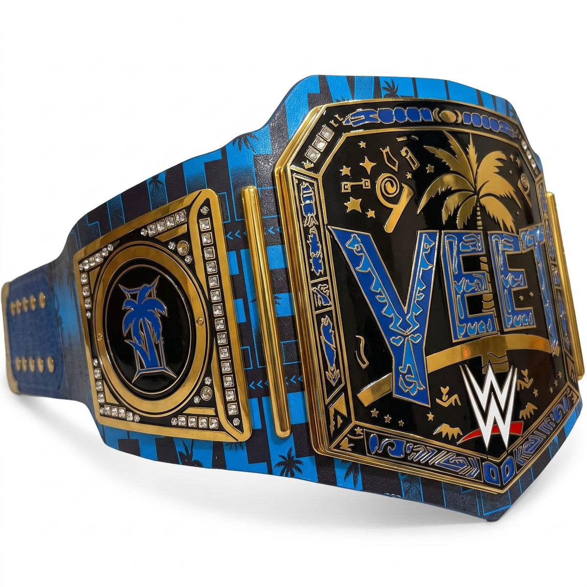 A WWE Wrestlemania 42 championship belt with a blue and black patterned strap, gold-plated metal plates, and detailed graphics including a palm tree, stars, and the Wrestlemania logo.