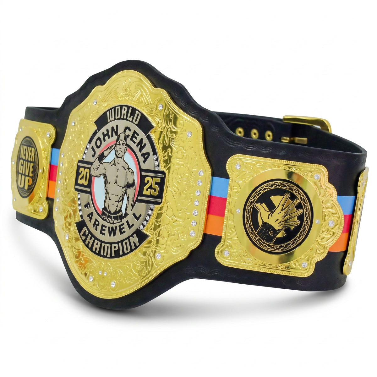 A replica John Cena wrestling championship belt with a large gold center plate reading 'World John Cena Farewell Champion 2025' and a smaller matching side plate that says 'Never Give Up.' The belt has a black base with a multicolor stripe and gold-toned hardware, photographed on a clean white background.