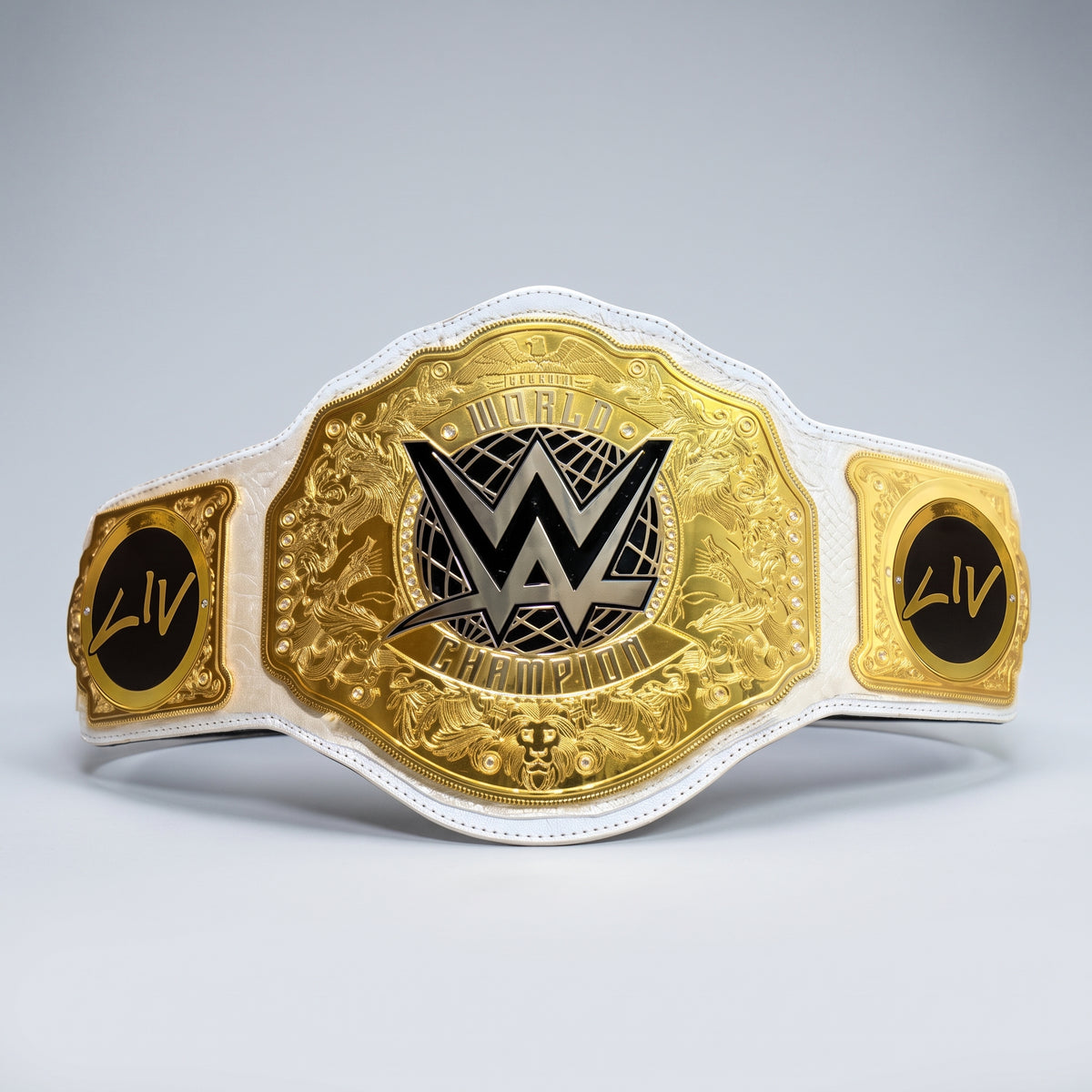 World Champion White & Gold Wrestling Title Belt | Custom Nameplate Edition