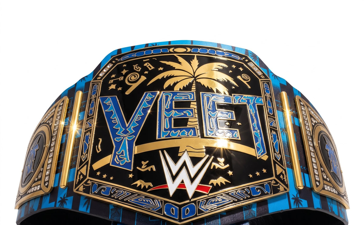 A WWE belt featuring a black and blue tropical design with gold accents, showcasing the 'VEGETABLES' text and the WWE logo on a clean white background.