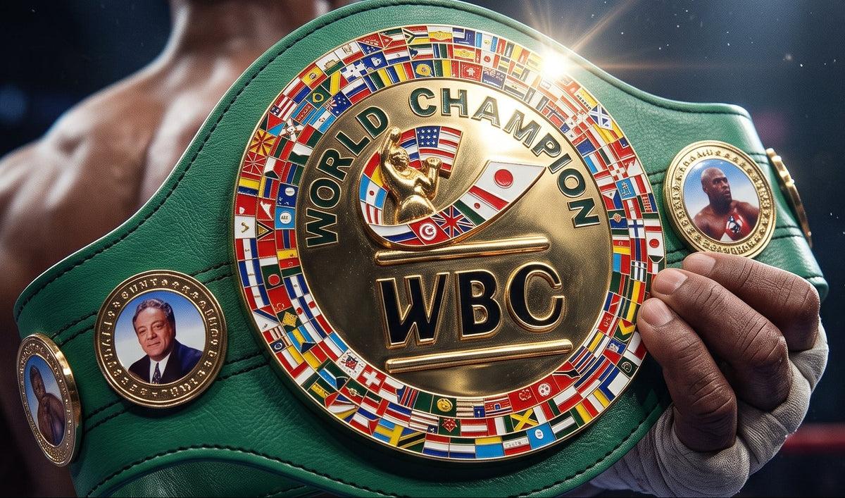 A green and gold World Champion WBC boxing belt held up by a boxer in a ring under bright stadium lights.