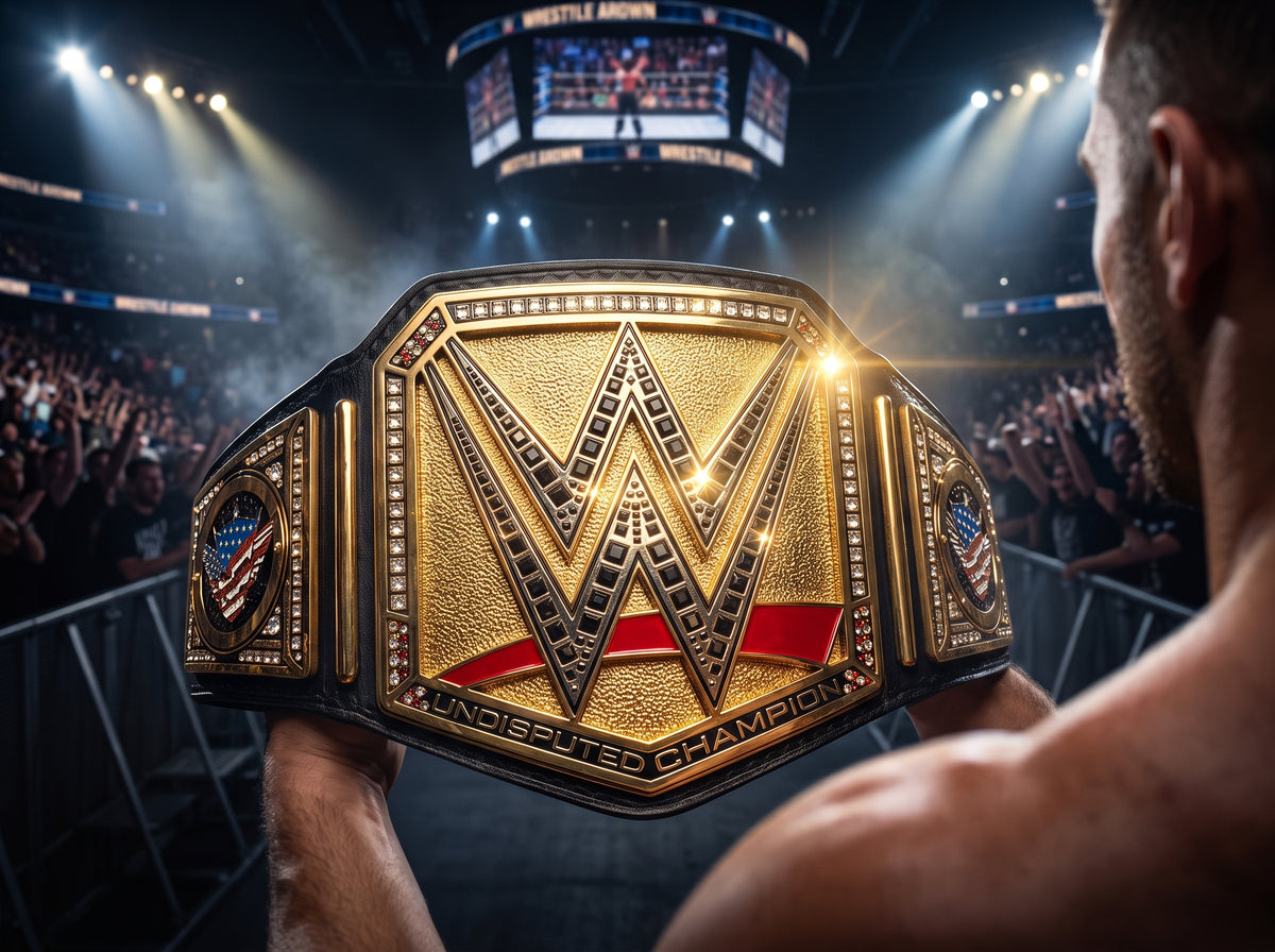 A close-up of a WWE Undisputed Champion belt held up by a person in a wrestling arena, with the crowd and ring lights visible in the background.