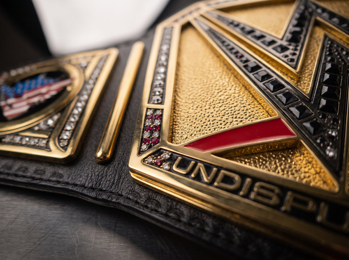 Close-up of a championship-style belt with a large gold-toned plate featuring black geometric detailing, a red accent stripe, rhinestone borders, and the partial text 'UNDISPU'.