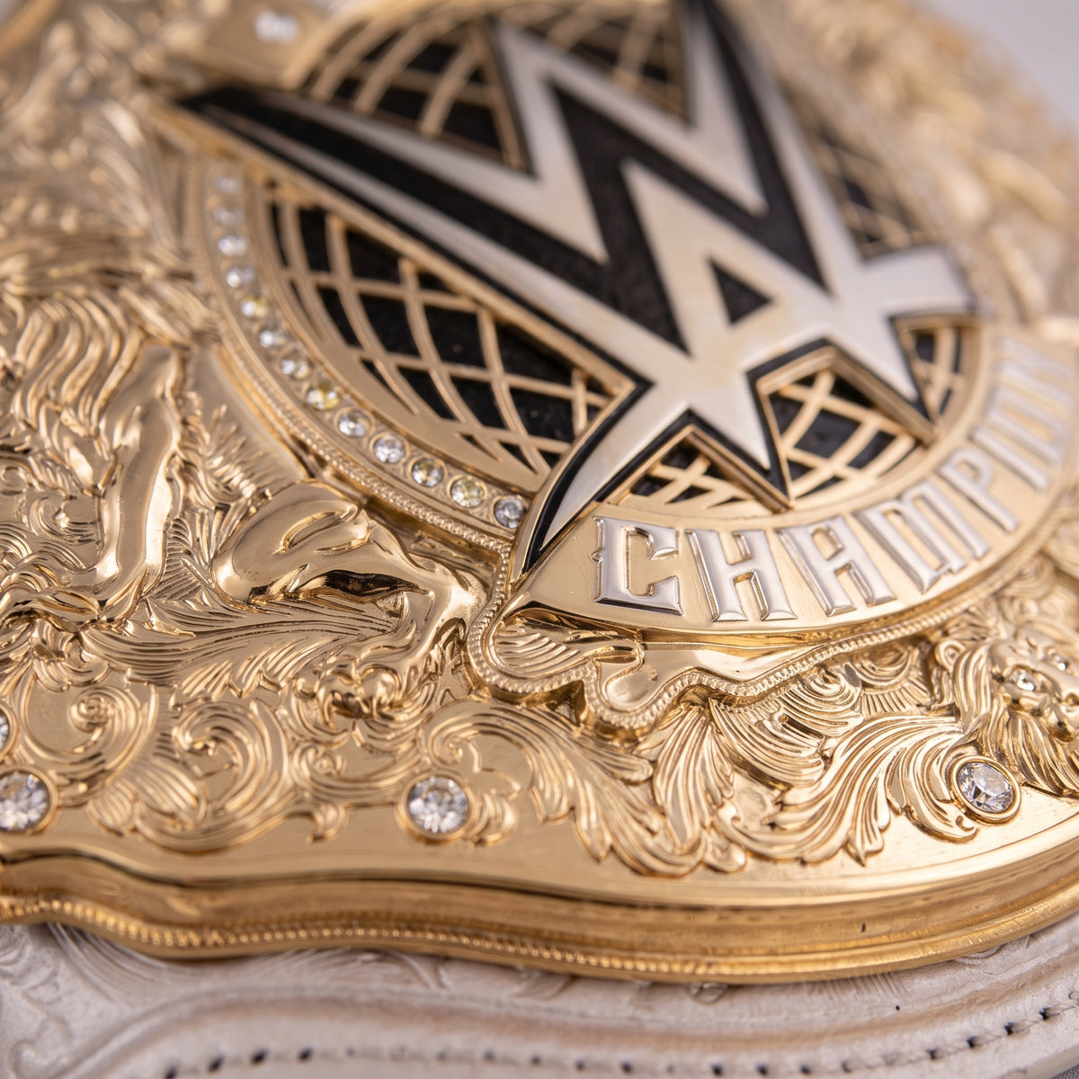 White & Gold World Champion Wrestling Belt | Lion Crest Design