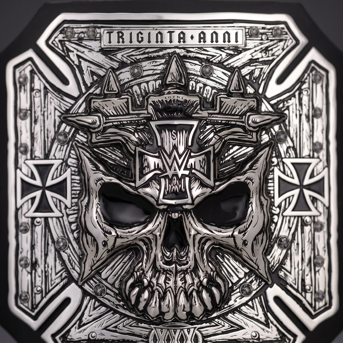 A black and white graphic design featuring a detailed skull wearing a crown of spikes and crosses, with the text 'TRIGINTA ANNI' at the top, set against a shield-like border.