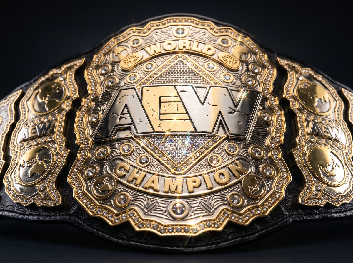 Close-up of an AEW World Champion belt with ornate gold and silver metal plates, black leather strap, and small clear rhinestones on a dark background.
