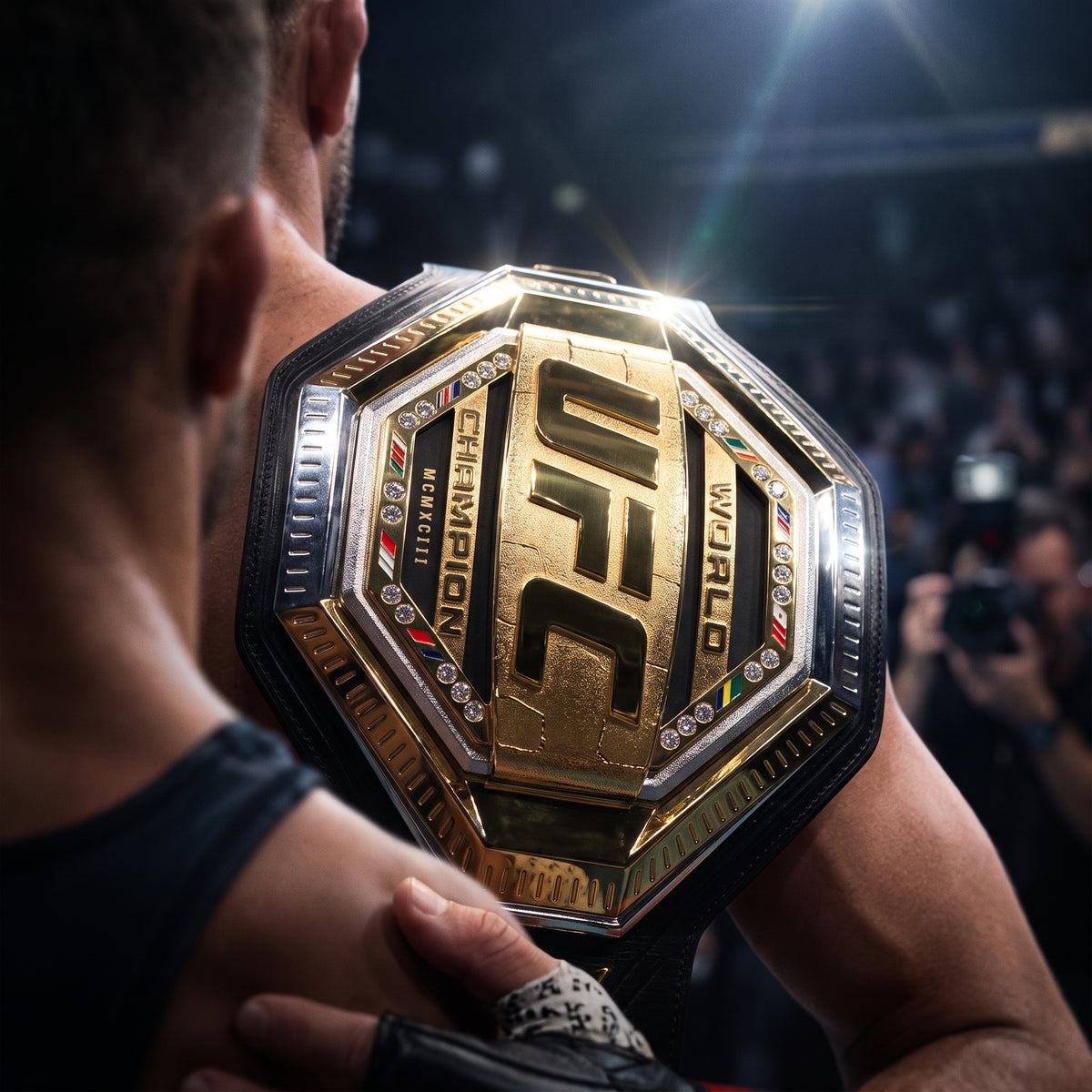 A close-up of a UFC 246 welterweight championship belt held up by a fighter in a stadium, with the fighter's back and arm visible against a blurred crowd background.