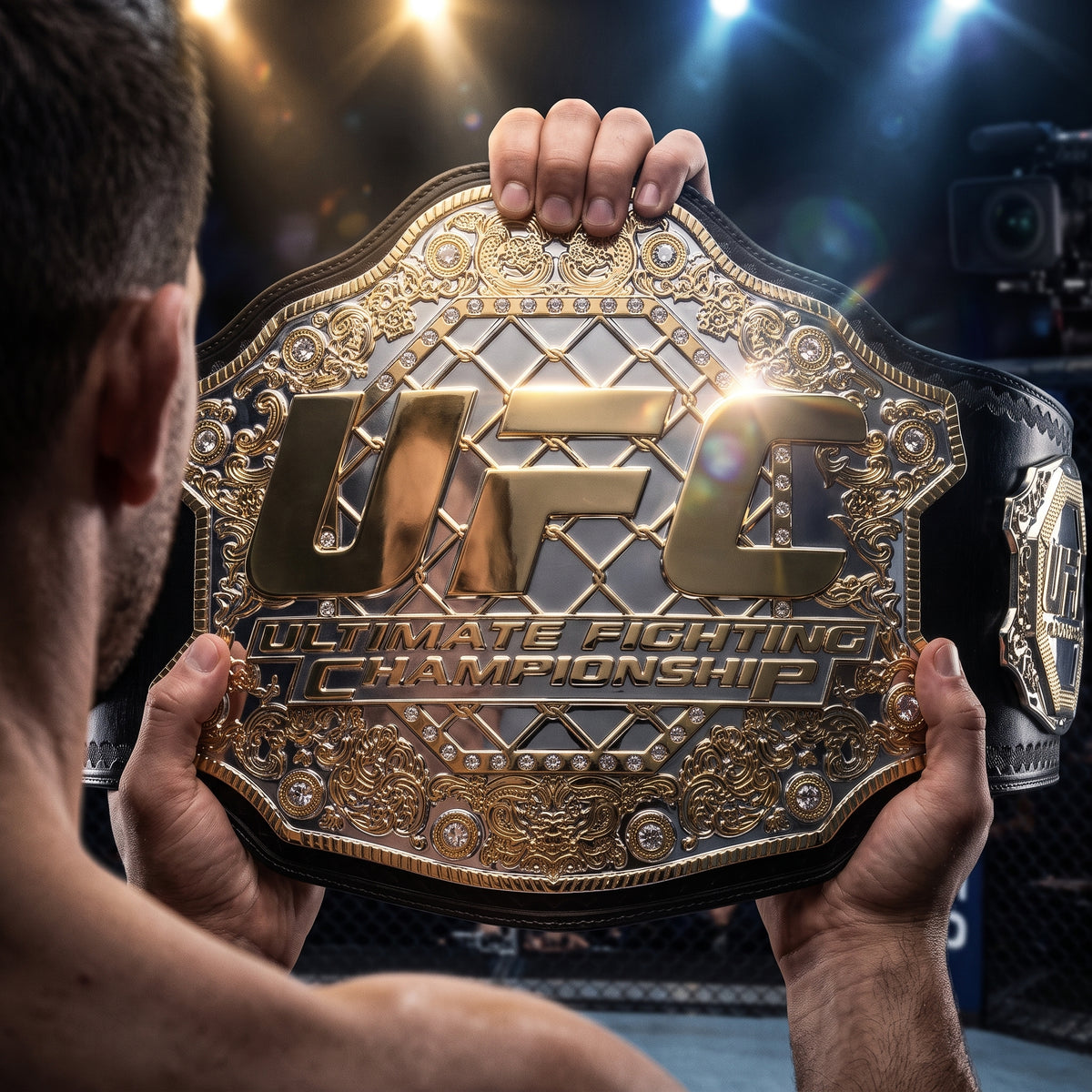 A person holding a large ornate UFC Ultimate Fighting Championship belt in front of a blurred fight-ring background with stage lighting.