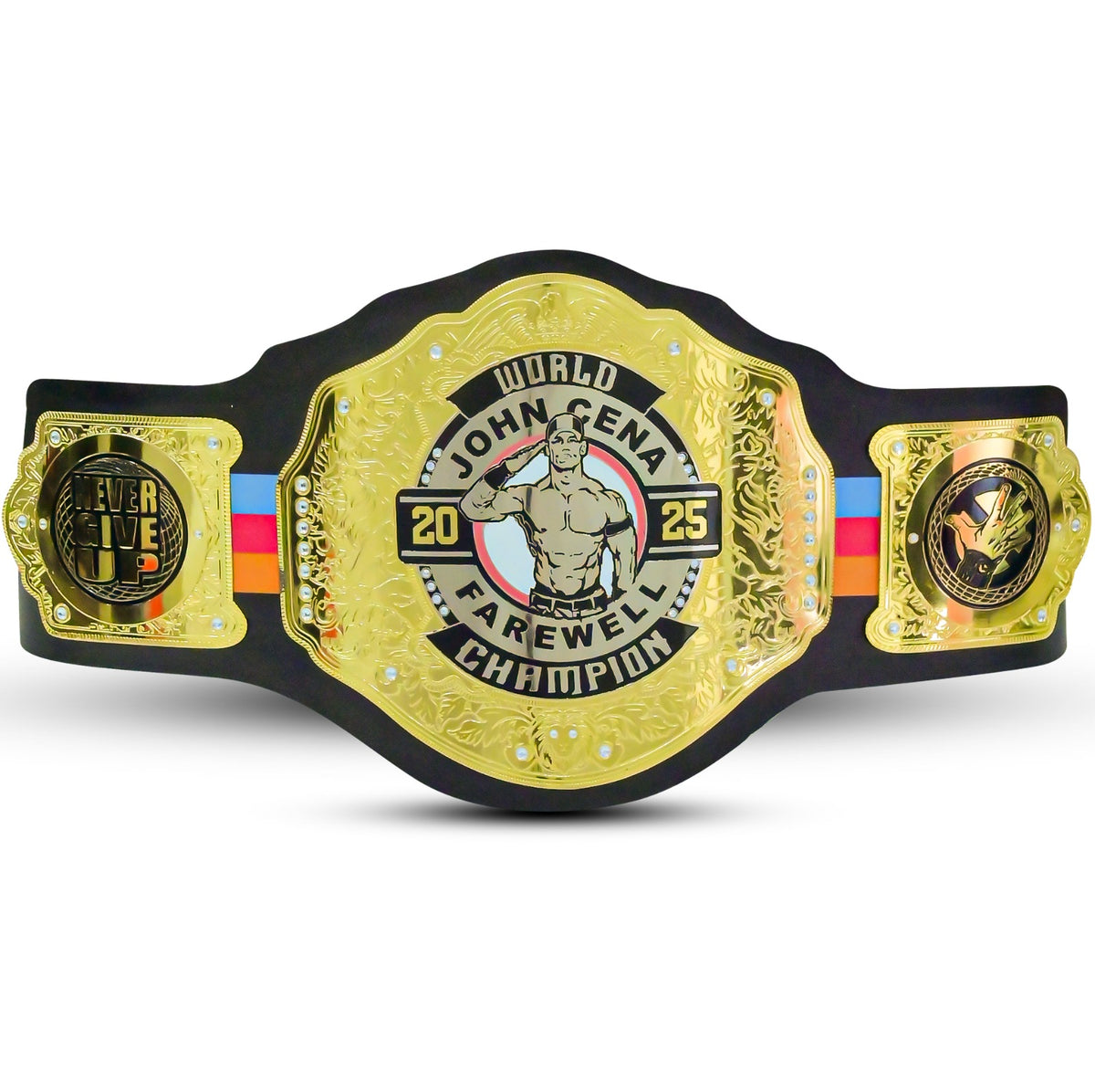 A replica John Cena 'Parewell' wrestling championship belt with a gold-plated central plate and side plates on a black strap, shown against a plain white background.