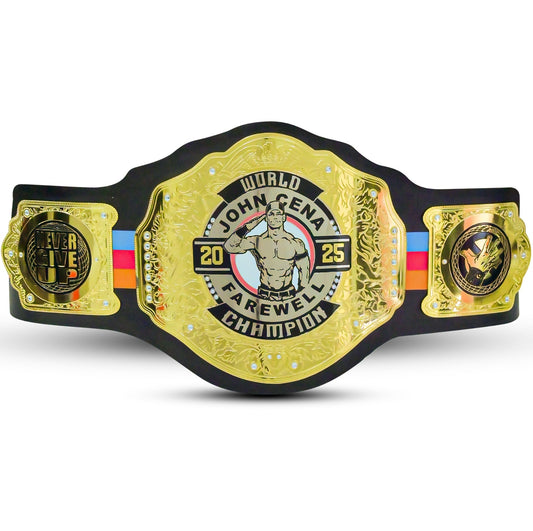 A replica John Cena 'Parewell' wrestling championship belt with a gold-plated central plate and side plates on a black strap, shown against a plain white background.