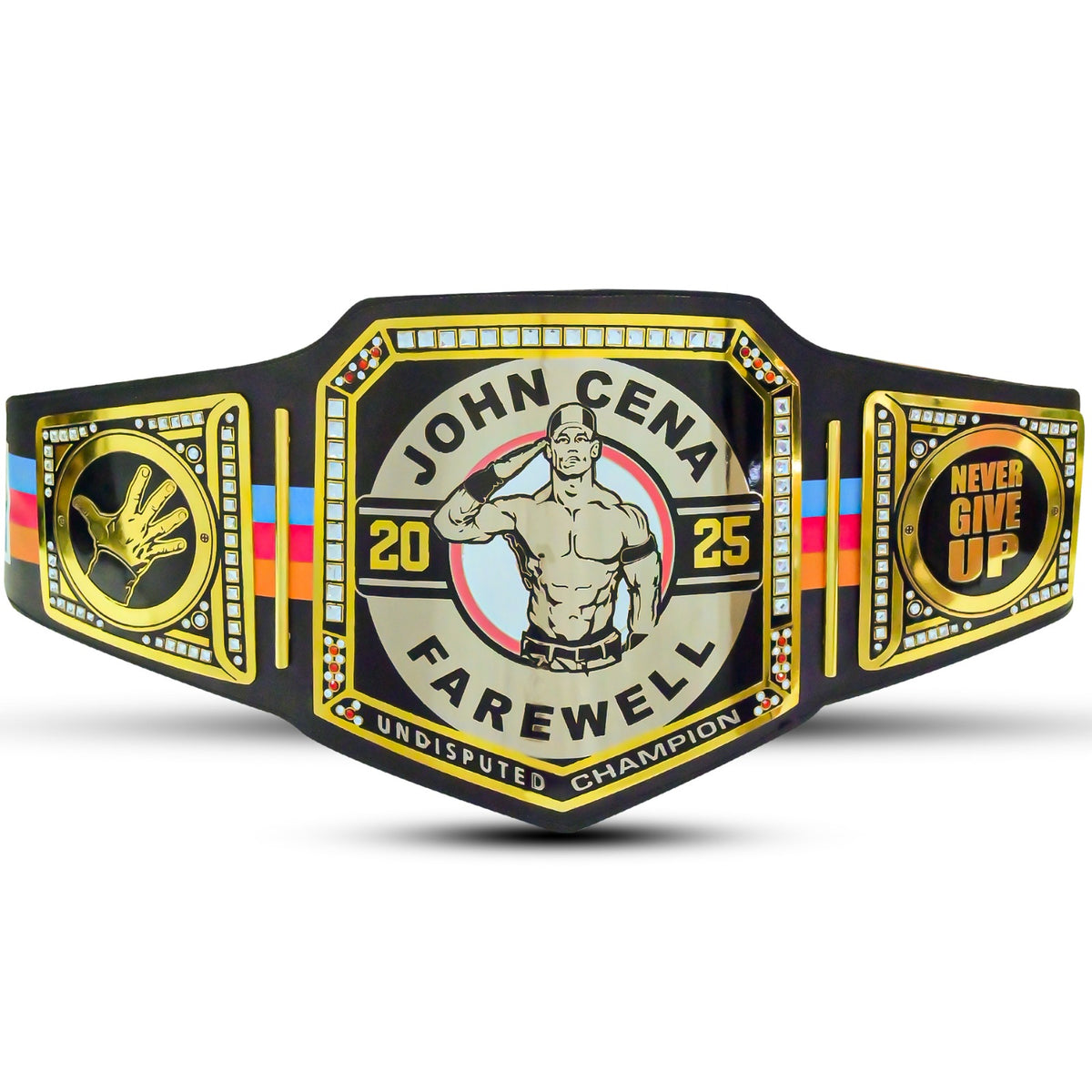 A custom championship belt featuring John Cena, with a black base, gold-plated borders, and colorful accents. The center plate displays an illustration of John Cena with the text 'JOHN CENA FAREWELL 2025' and 'UNDISPUTED CHAMPION'.