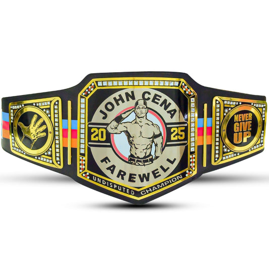 A custom championship belt featuring John Cena, with a black base, gold-plated borders, and colorful accents. The center plate displays an illustration of John Cena with the text 'JOHN CENA FAREWELL 2025' and 'UNDISPUTED CHAMPION'.