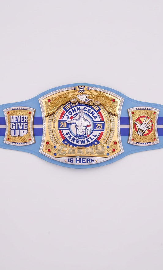 A custom blue and gold championship belt featuring the text '24th Annual Champion' and 'Never Give Up' on a light gray background.