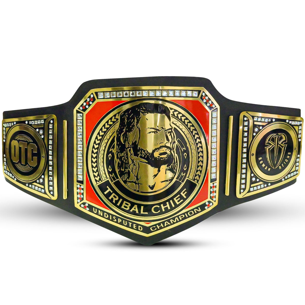 A custom Tribal Chief wrestling championship belt featuring a black octagonal plaque with gold and red accents, a gold tribal chief portrait in the center, and two side plates with gold and black detailing.