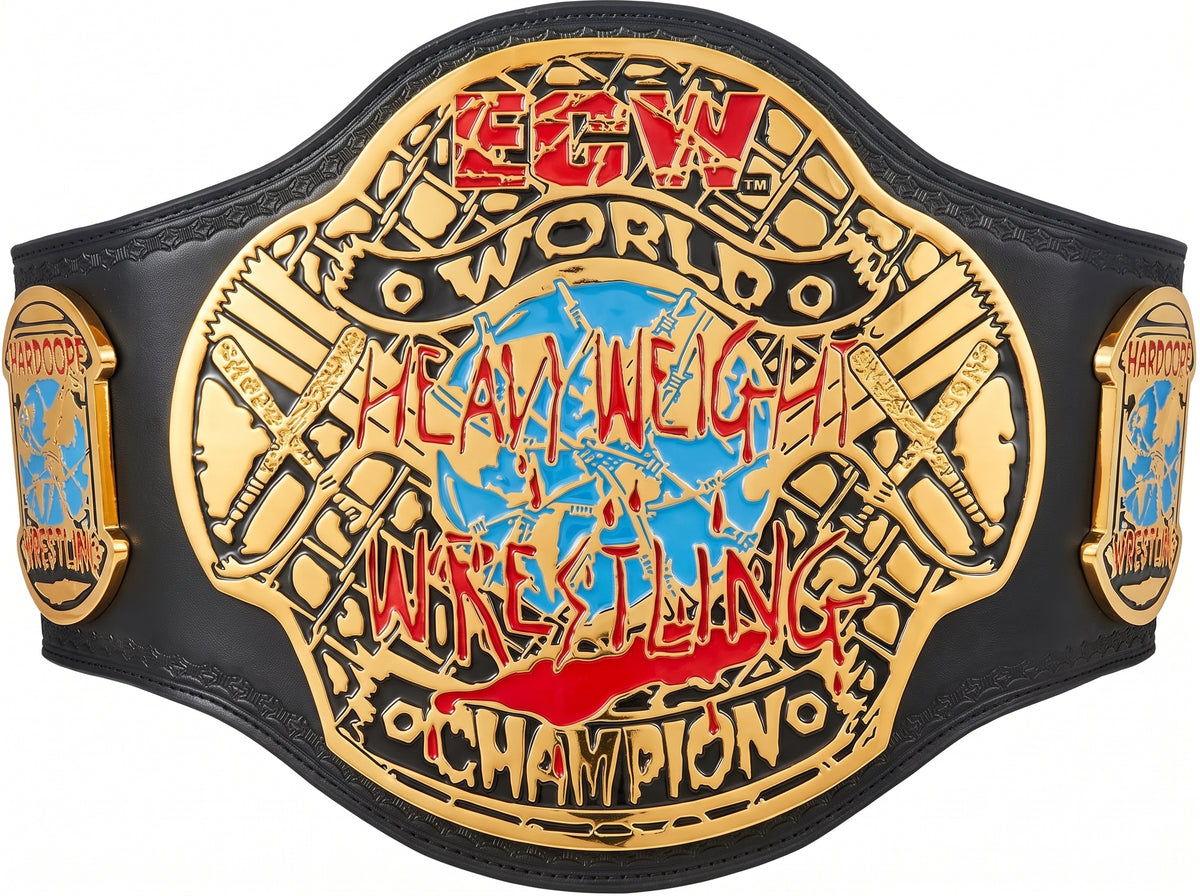 ECW World Heavy Wrestling Champion belt featuring a large gold-colored central plate with red and blue details, flanked by black leather straps and smaller gold side plates.