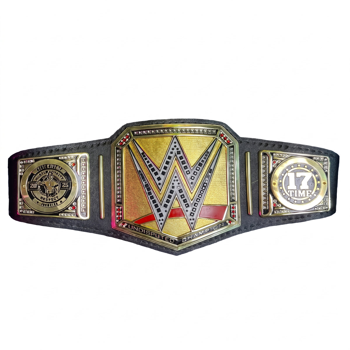Wrestle World 17 Time Championship belt featuring a large gold center plate with the WWE logo, flanked by two gold side plates on a black strap, shown against a plain white background.