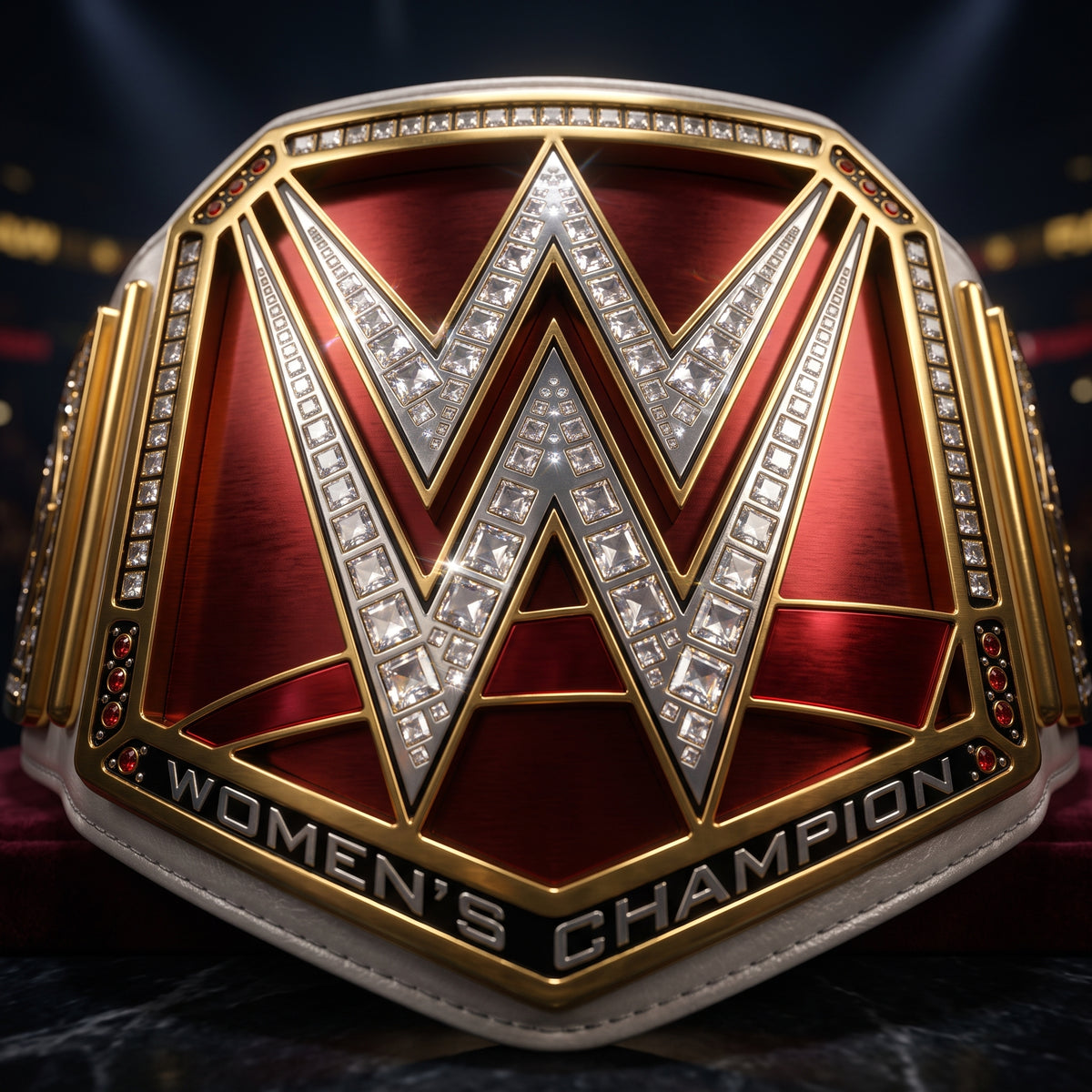 A close-up of a WWE Women's Champion belt with a large gold and red design, set against a dark background.