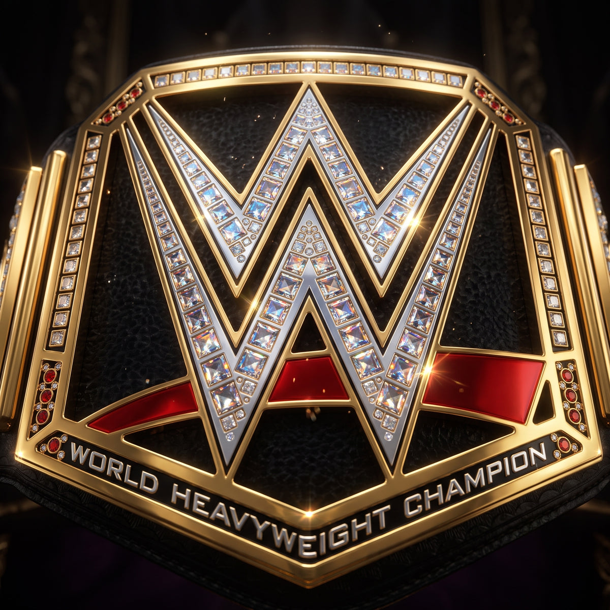A close-up of a WWE World Heavyweight Championship belt, featuring a large gold 'W' encrusted with clear stones, set against a black textured background with red and gold accents.