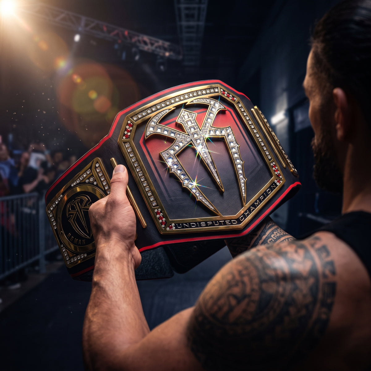 A tattooed man in a black tank top holds up a large, ornate championship belt with a red, black, and gold design and rhinestone details in a dimly lit arena setting.