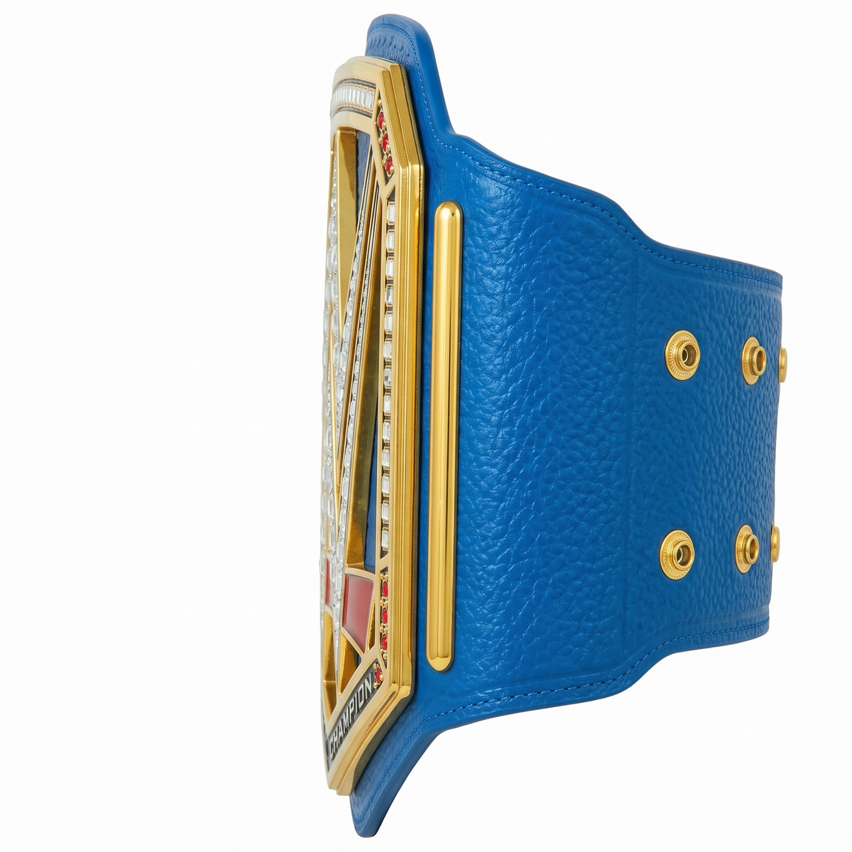 A blue leather championship belt with a large gold-toned metal plaque featuring a stylized 'X' and gold rivets, shown in a side profile view on a white background.