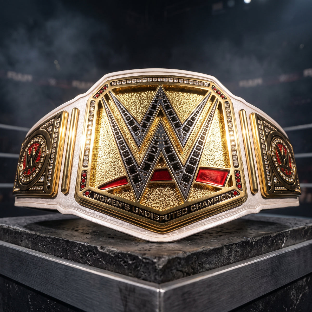 A WWE Women's Undisputed Champion belt displayed prominently on a dark pedestal in a ring setting. The belt features a large central gold and silver 'W' emblem with red accents, flanked by two smaller circular medallions, all set against a dark, smoky ring background.