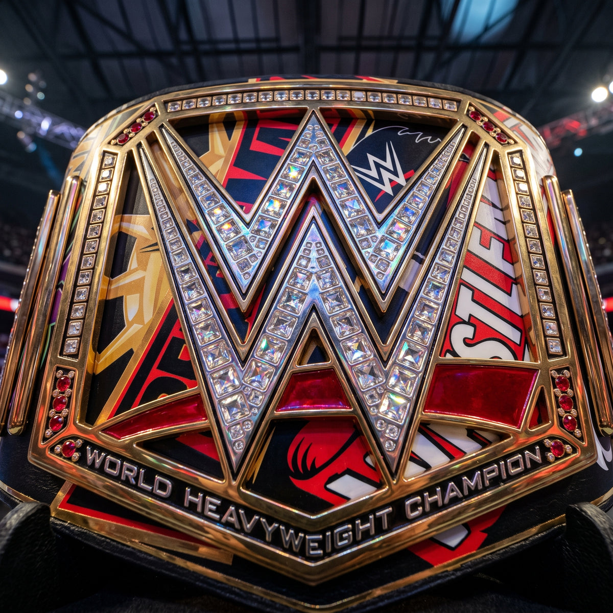 A close-up of a WWE World Heavyweight Championship belt with a large gold-tone frame, a prominent silver 'W' outlined with rhinestones, and red, black, and gold graphic panels in the background.