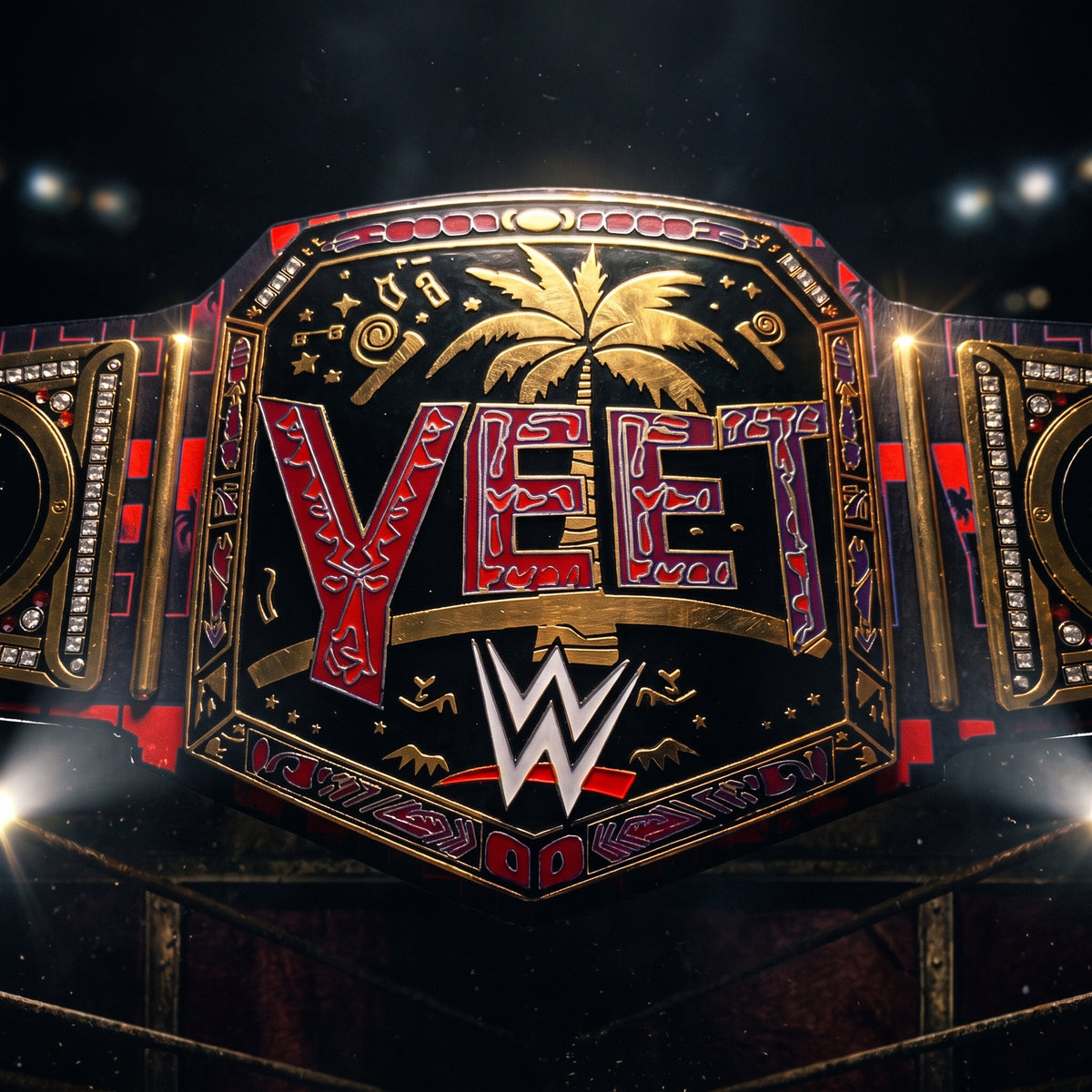 A custom WWE championship belt featuring the word 'VEET' in large red and gold letters, a palm tree graphic, and the WWE logo at the bottom, set against a dark arena-like background with spotlight effects.