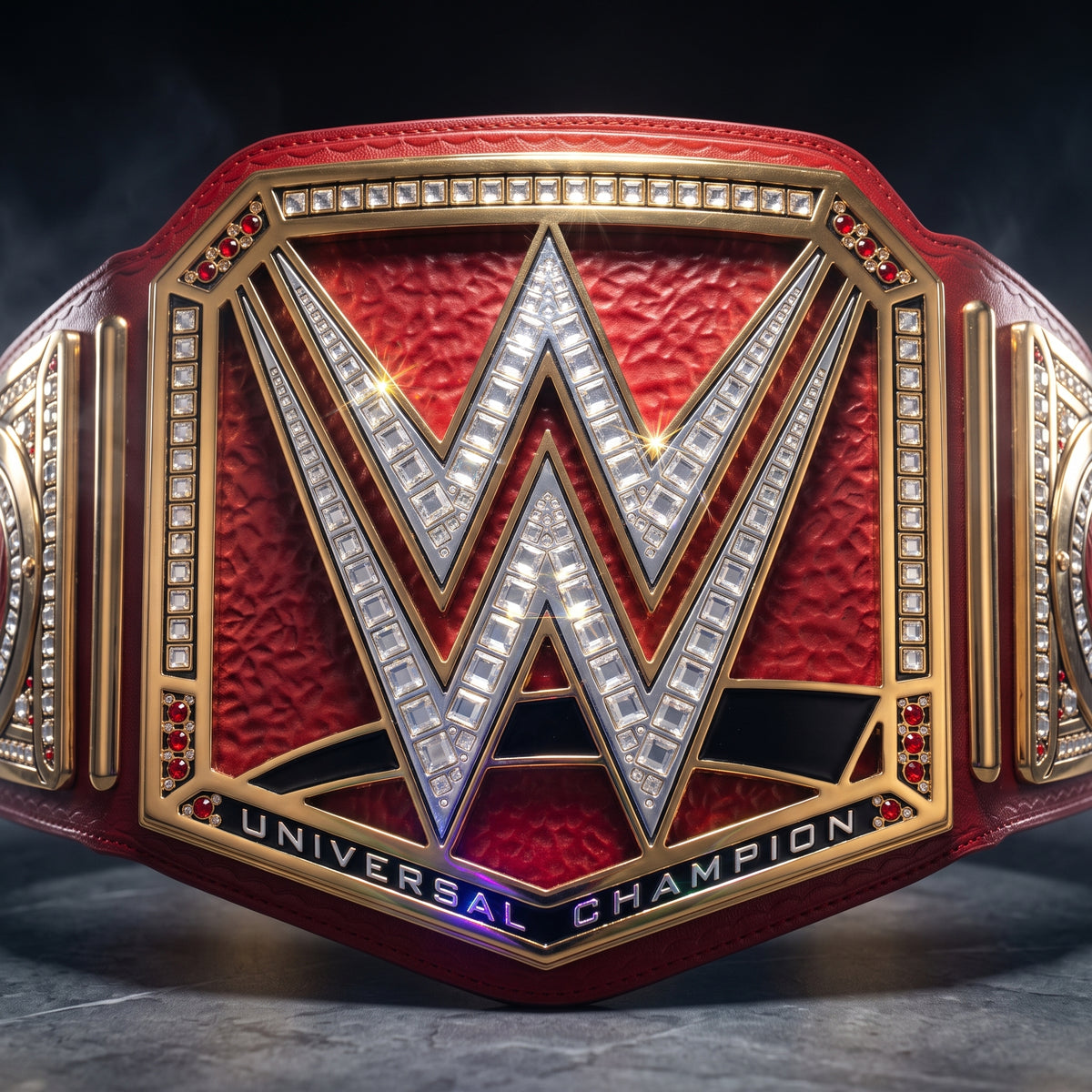 A close-up of a red and gold championship belt with a large silver 'W' emblem and the words 'UNIVERSAL CHAMPION' on the front plate.