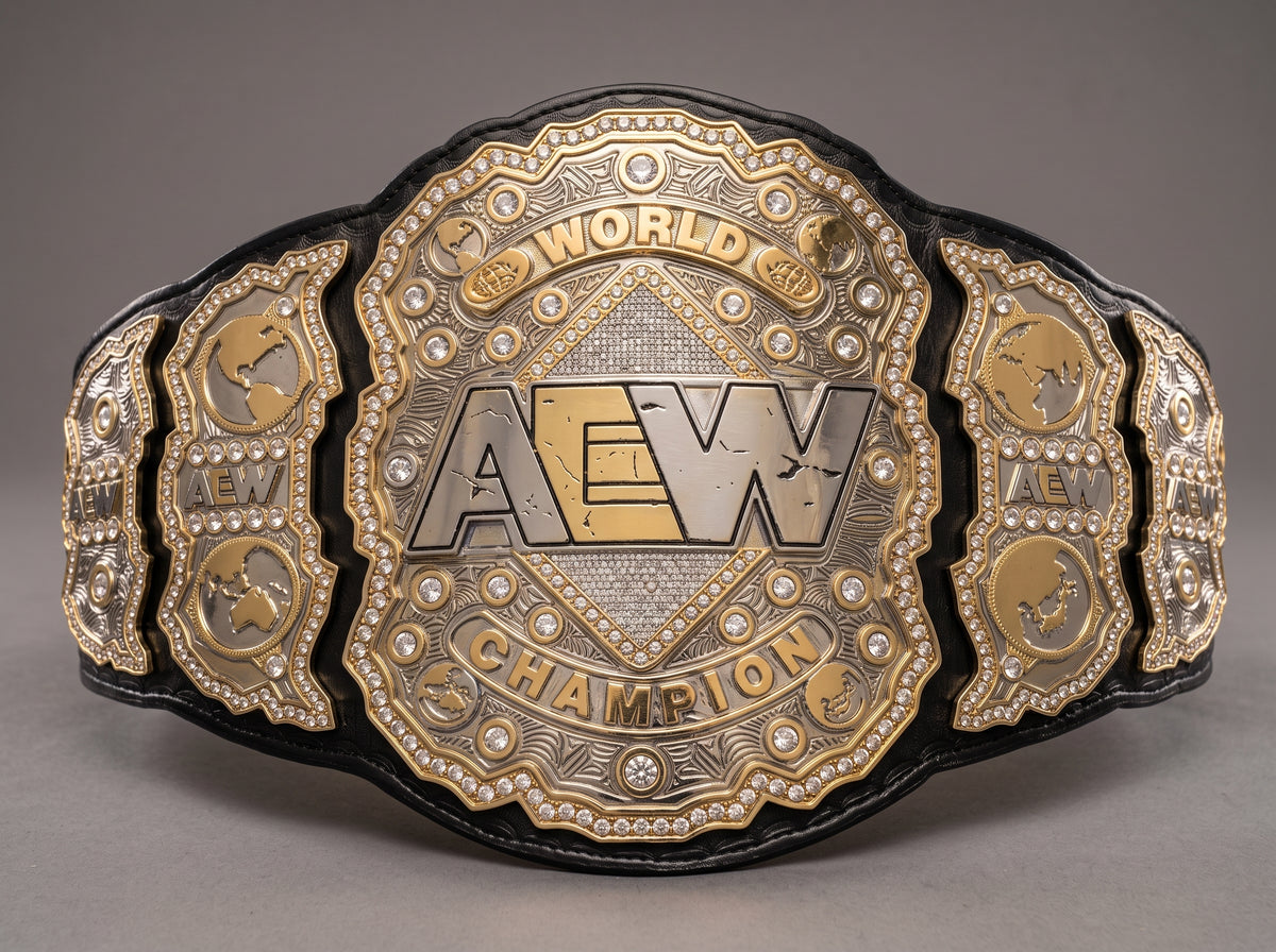 An AEW World Champion belt with ornate gold and silver metal plates, small clear rhinestones, and a black leather base, photographed against a neutral gray background.