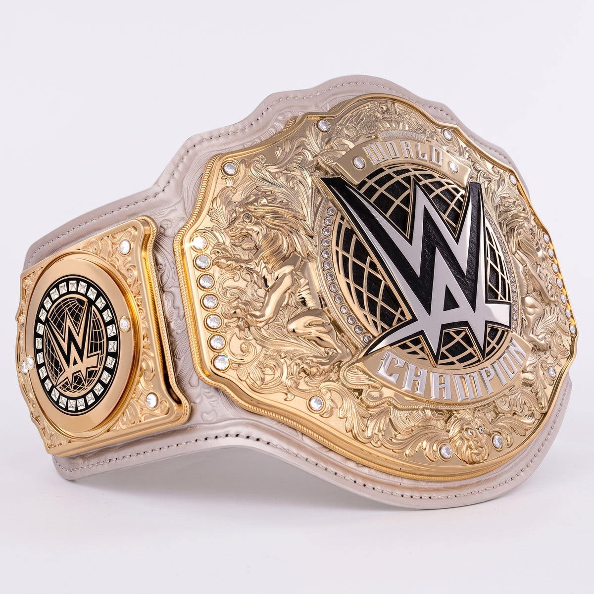 White & Gold World Champion Wrestling Belt | Lion Crest Design