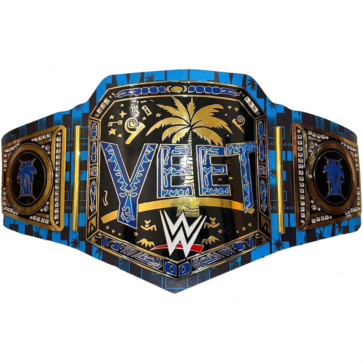 A WWE Y2K Championship belt featuring a black and blue patterned strap with gold, white, and blue details on the central plate, set against a plain white background.
