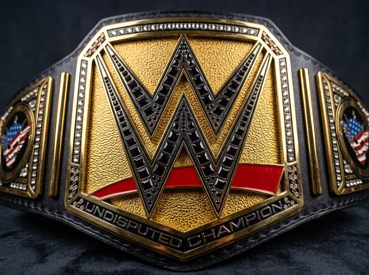 A close-up of a WWE Undisputed Champion belt featuring a large gold-toned central plate with a black WWE logo, a red stripe, and side panels with American flag details on a dark background.