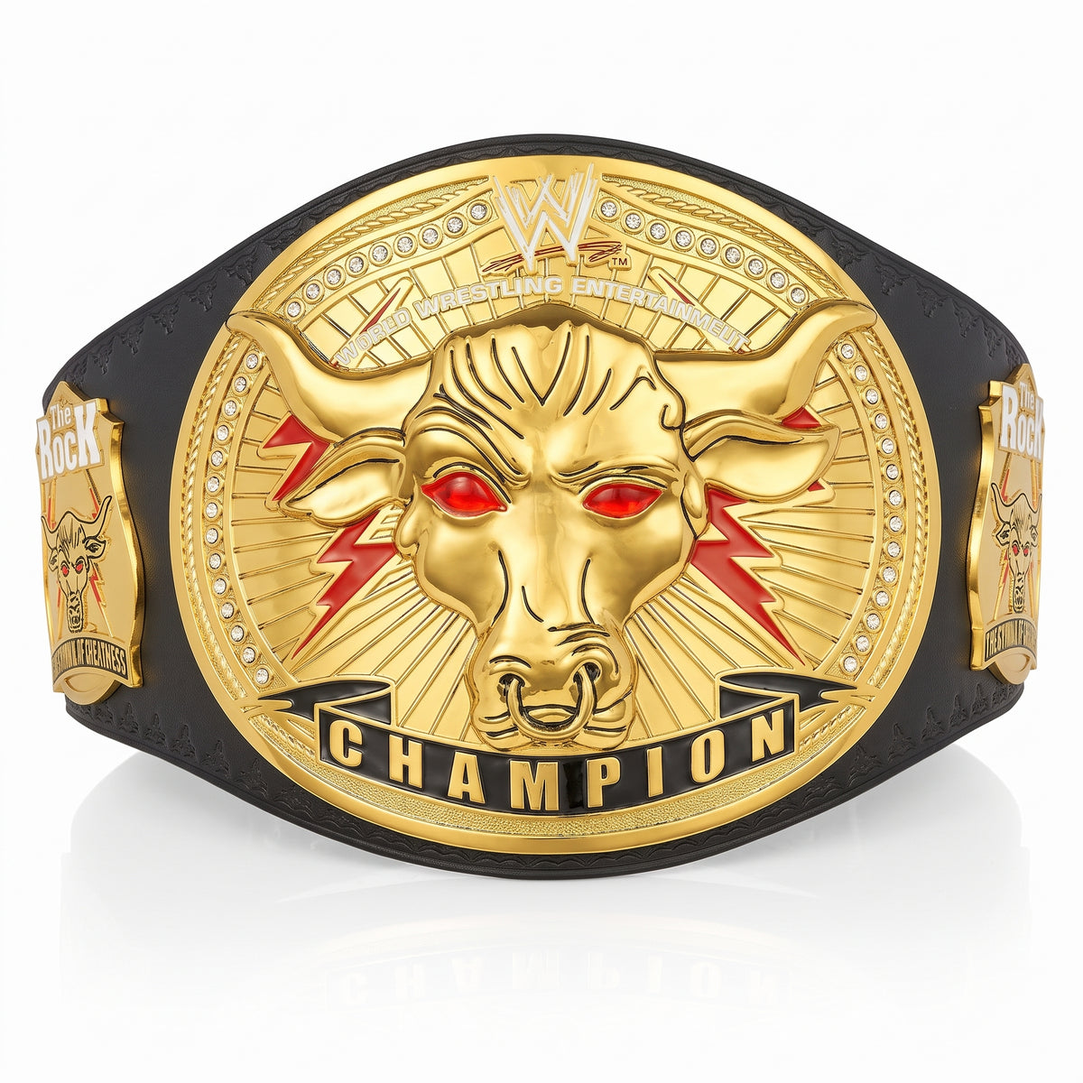WWE Raw Championship belt featuring a large gold bull head centerpiece with red eyes, red lightning bolts, and a black strap, shown on a white reflective background.