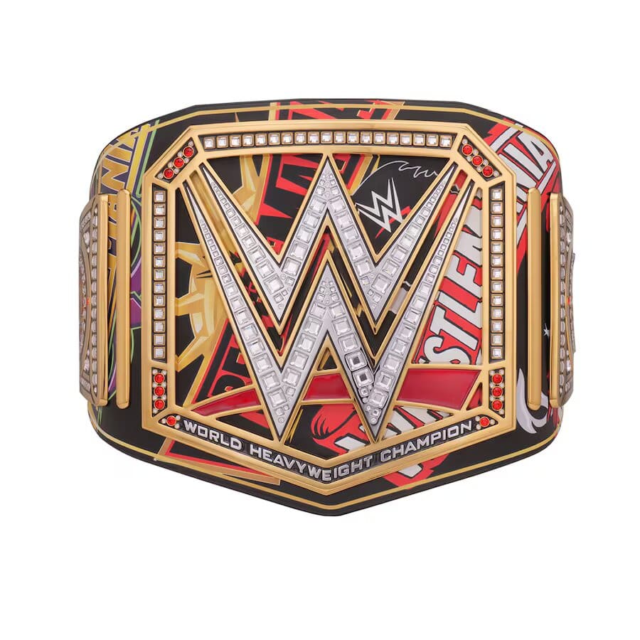 WWE World Heavyweight Championship belt featuring a large central 'W' emblem paved with clear rhinestones, surrounded by gold and black geometric borders with red and white graphic details, on a plain white background.