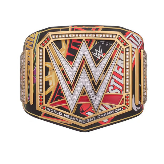 WWE World Heavyweight Championship belt featuring a large central 'W' emblem paved with clear rhinestones, surrounded by gold and black geometric borders with red and white graphic details, on a plain white background.
