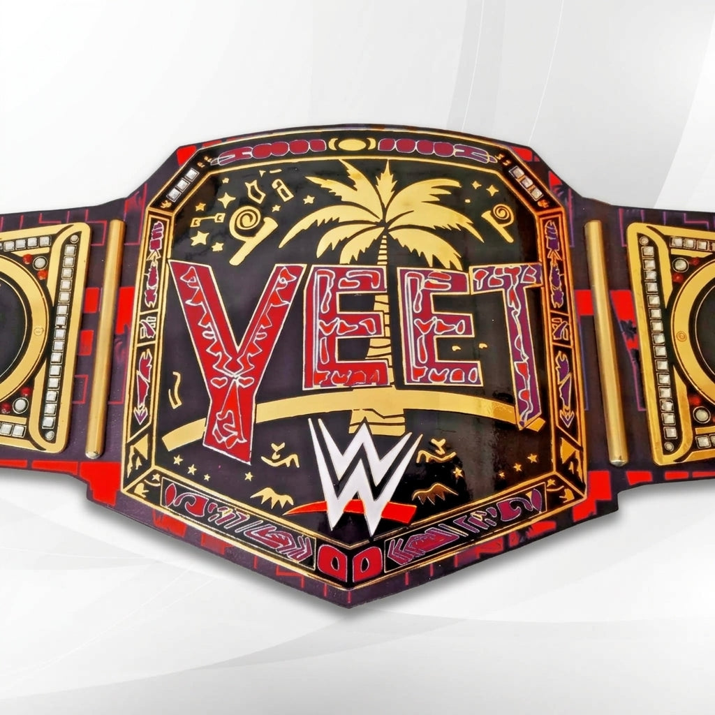 A WWE VET championship belt with a black, red, and gold design featuring a palm tree, stars, and the WWE logo, shown on a light gray background.