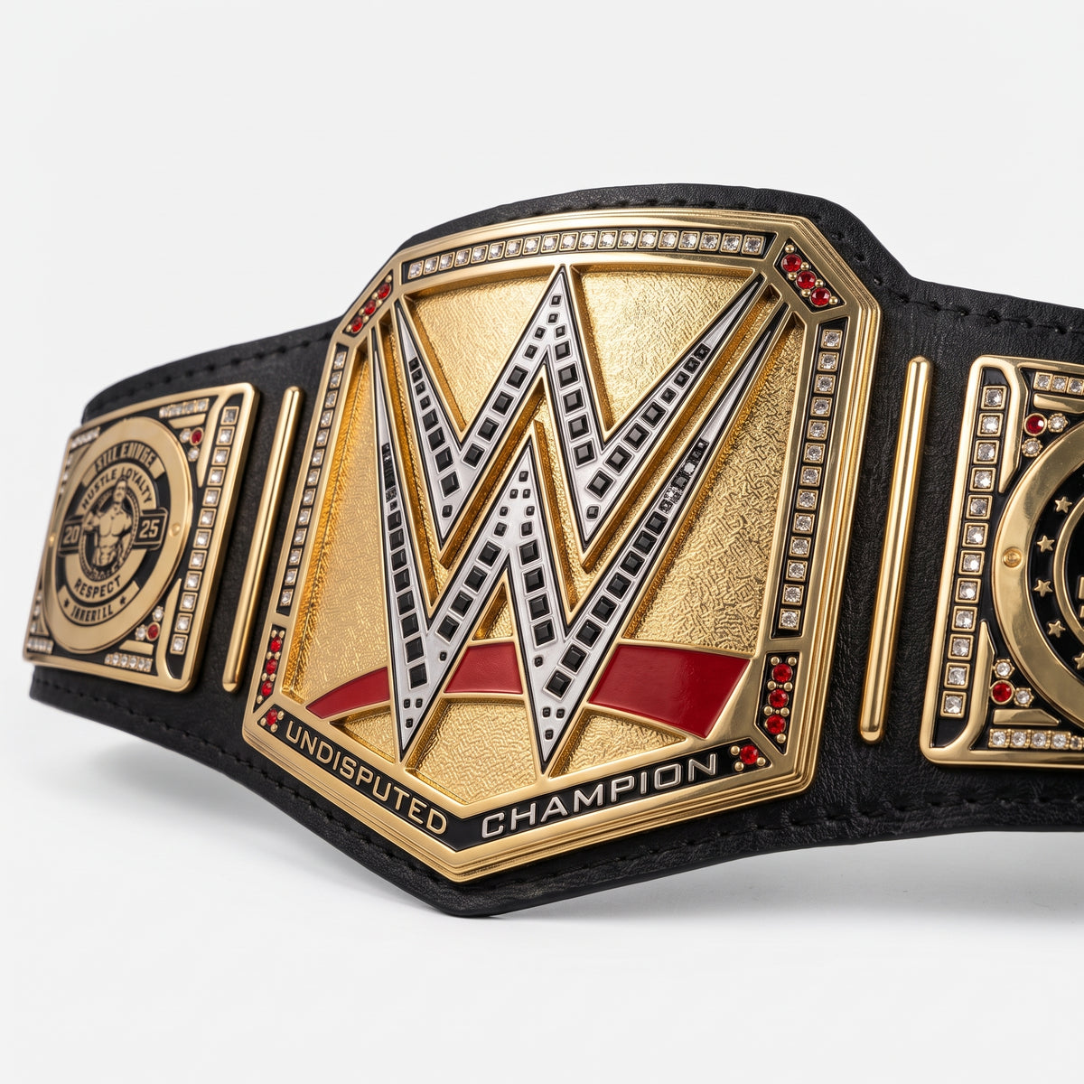 A close-up of a WWE Undisputed Champion belt featuring a large gold-toned central plate with a silver WWE logo, red accents, and black leather strap on a light gray background.