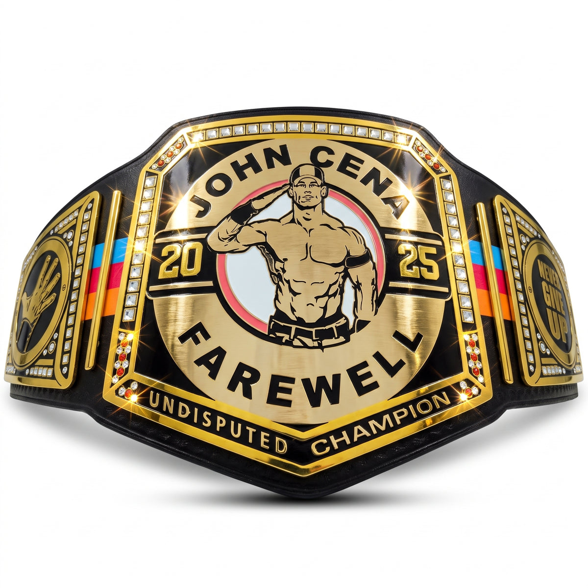 A custom replica of the John Cena Undisputed Champion 'Farewell' belt, featuring a gold and black design with a graphic of John Cena in the center, set against a plain white background.