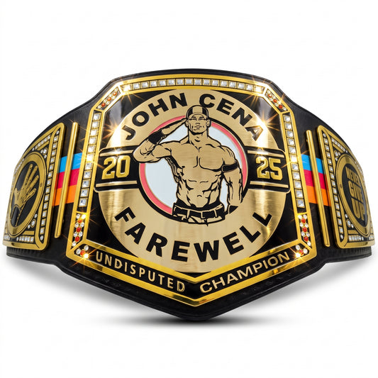 A custom replica of the John Cena Undisputed Champion 'Farewell' belt, featuring a gold and black design with a graphic of John Cena in the center, set against a plain white background.