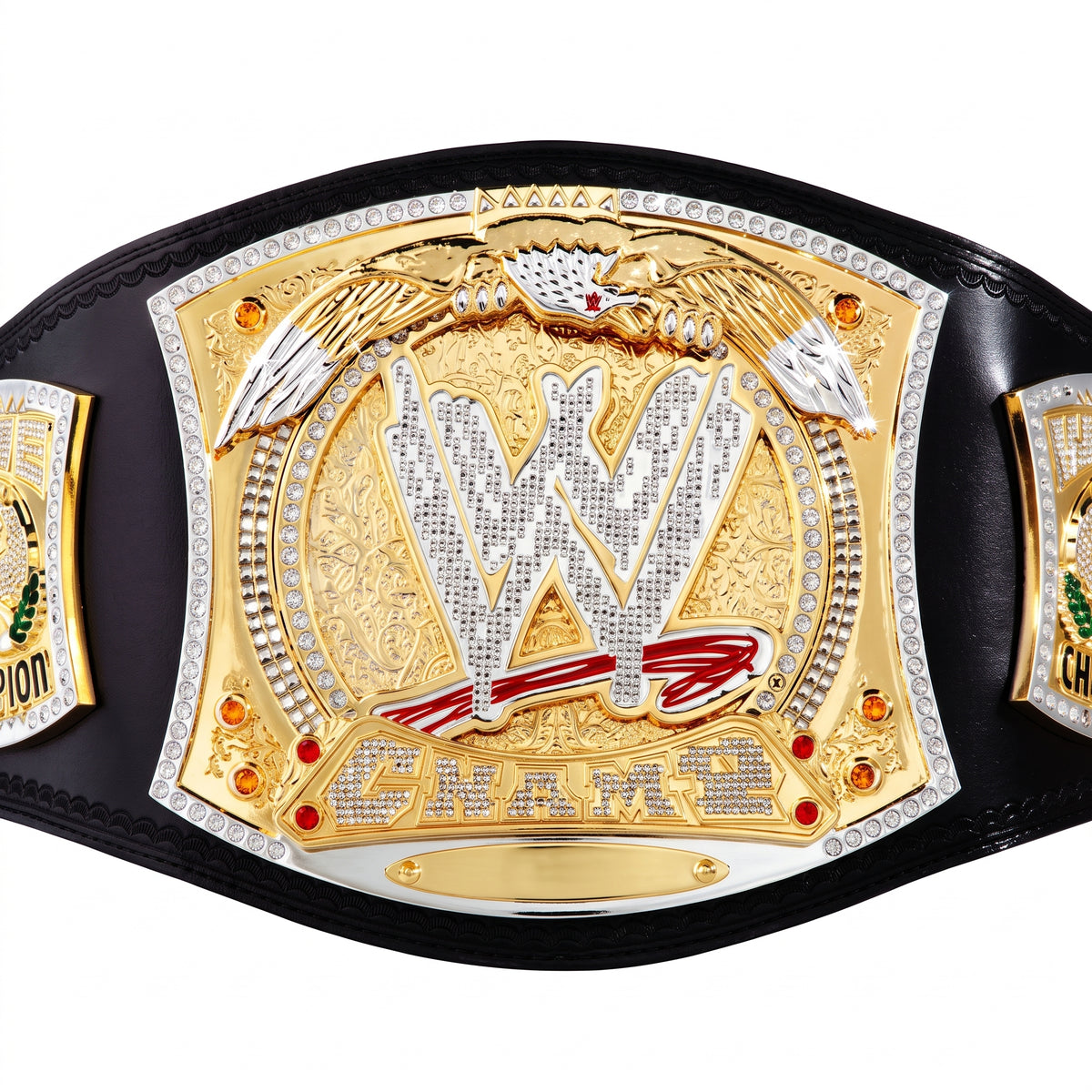 Wrestling championship belt featuring a large central gold and silver plate with a large 'W' emblem, eagle details, and 'CHAMP' text, flanked by black leather straps and partial side plates on a white background.