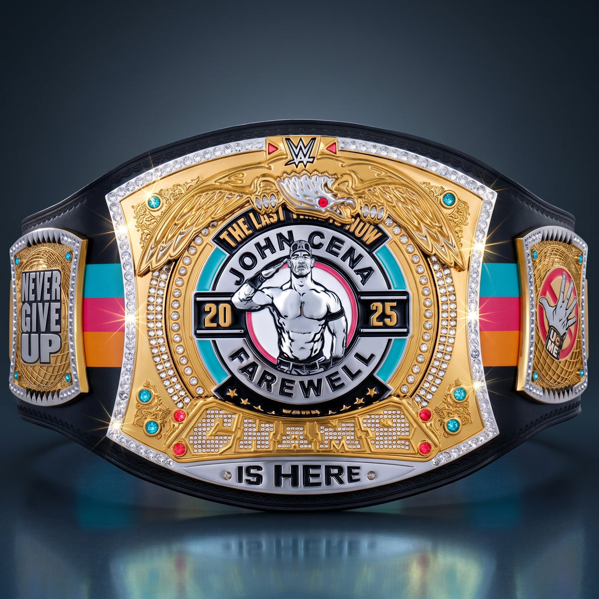 A custom championship belt featuring a large gold center plate with an embossed portrait of John Cena, the text 'The Last Holy Cow John Cena Farewell 2025', and 'Chaos Is Here' at the bottom. The belt has a black strap with a colorful stripe pattern (teal, pink, orange) and gold side plates with rhinestone accents.