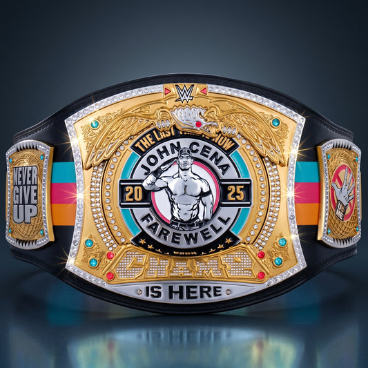 A custom championship belt featuring a large gold center plate with an embossed portrait of John Cena, the text 'The Last Holy Cow John Cena Farewell 2025', and 'Chaos Is Here' at the bottom. The belt has a black strap with a colorful stripe pattern (teal, pink, orange) and gold side plates with rhinestone accents.