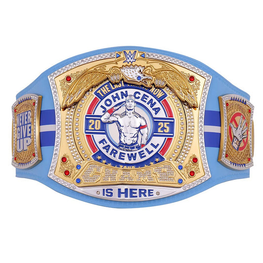 A custom championship belt featuring a light blue strap with a large gold, silver, and blue central plate. The center plate is personalized with the text 'THE JOHN CENA FAREWELL 2025 IS HERE' and an illustration of John Cena.