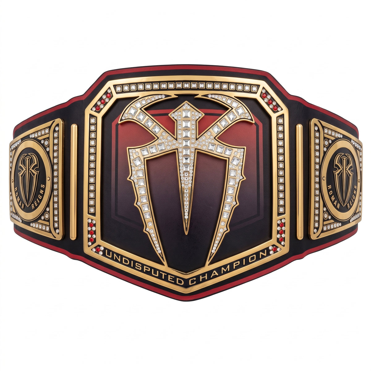 A championship belt featuring a large central plaque with a stylized cross emblem encrusted with clear rhinestones, flanked by two side plates with circular medallions and the words 'UNDISPUTED CHAMPION' at the bottom. The belt has a black and red body with gold-toned metal borders and details.